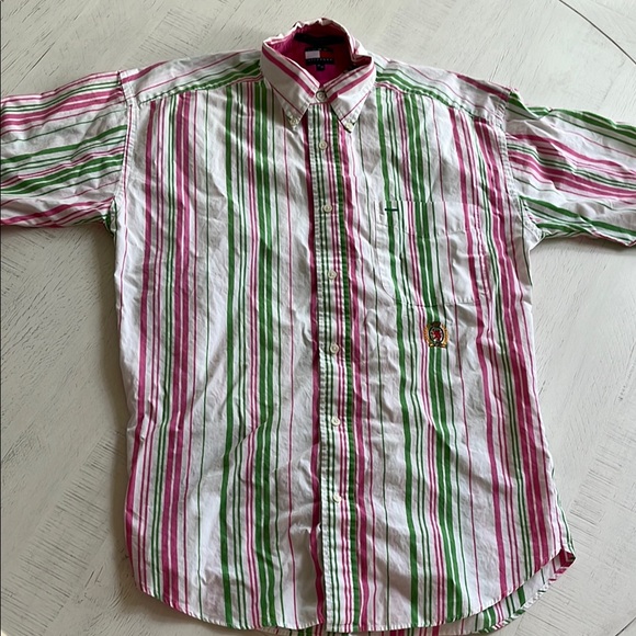 Tommy Hilfiger Casual Green and Pink Striped Shirt - Picture 1 of 5